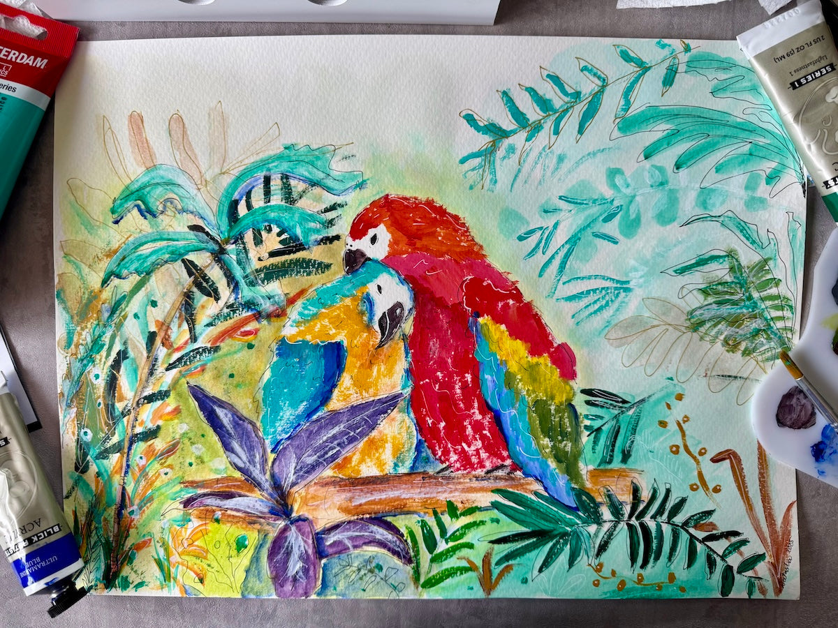 A vibrant acrylic painting of guacamayas inspired by the tropical colors and spirit of Caracas.