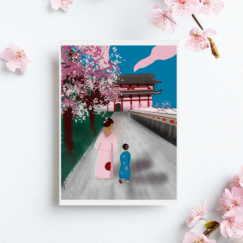 Illustration artistique représentant une femme et une enfant en kimono marchant sur une allée bordée de cerisiers en fleurs, en direction d'un temple japonais traditionnel. Des fleurs de cerisier décorent également les coins de l'image, créant une ambiance printanière et sereine. Appartient à Boutique de Moments.