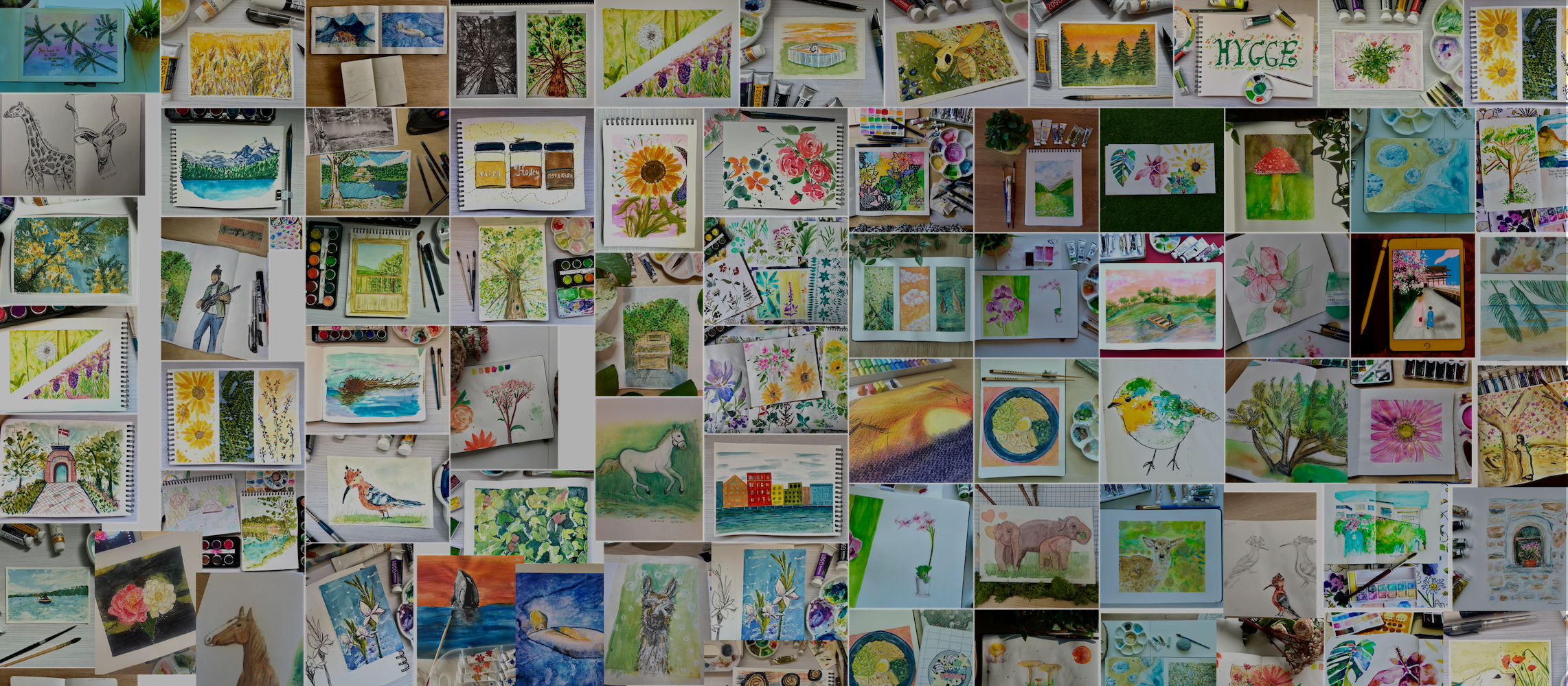 Large mosaic composed of many colorful illustrations, created by hand in watercolor or pencil.
